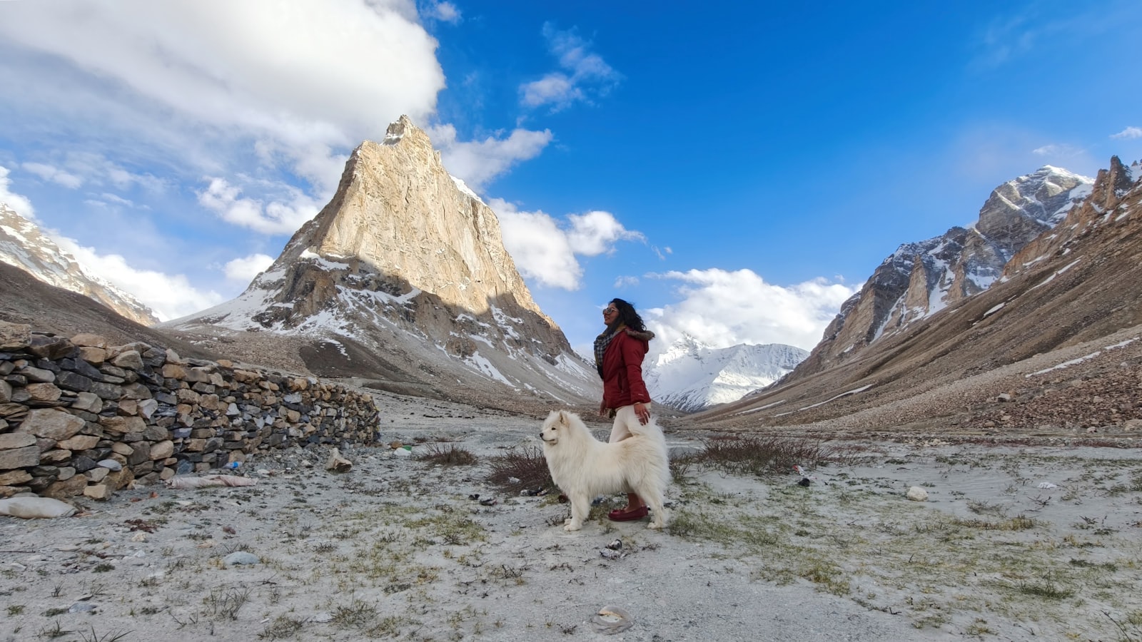 Woman in red jacket with white dog in snowy mountains.