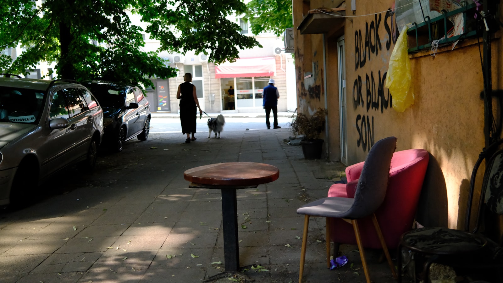 Shady urban alleyway with people, a dog, and parked cars.