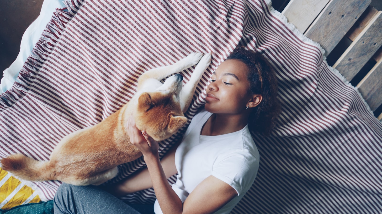 A woman lays with her dog on a bed.